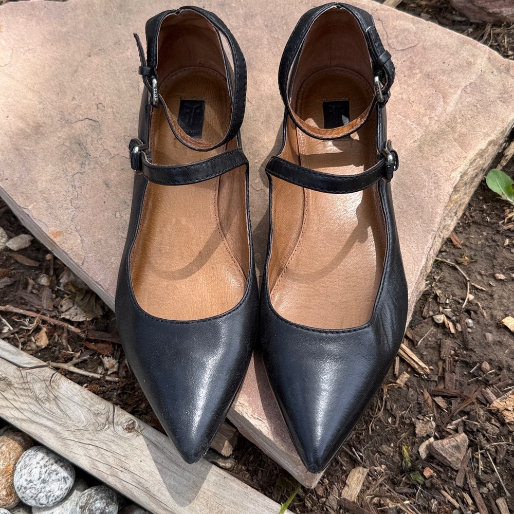 Frye flats with straps and silver buckles